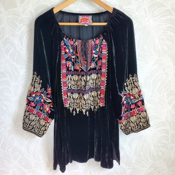 Johnny Was Silk Blend Claude Black Velvet Embroidered Peasant Tunic Top Sz Large - Picture 6 of 12